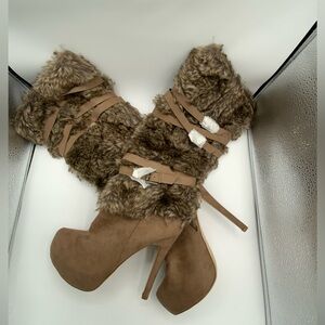 Faux Fur Trimmed Suede High Heel Platform Boots – Tan